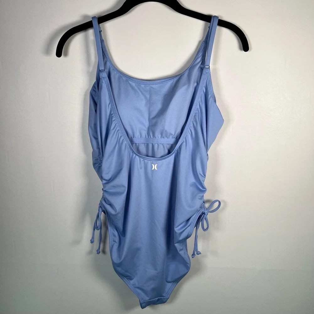 NWT Hurley Light Blue One Piece Swimsuit Front Logo Ruched Sides HURN23017 LARGE